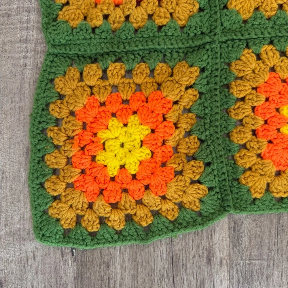 Vintage orange green 70s green square throw blanket, EUC, stunning colors,large
